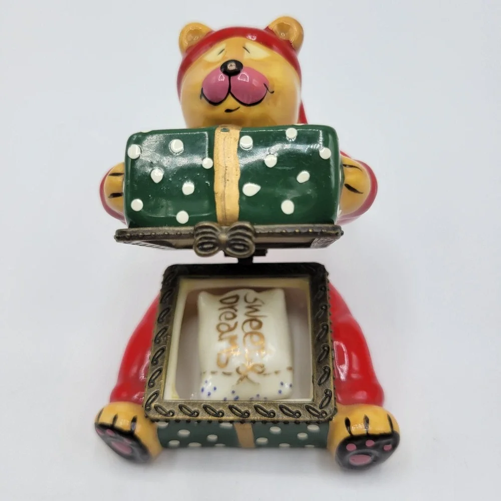 Holiday Santa Bear with Gift Box Sweet Dreams Pillow Hinged Trinket Box Ceramic